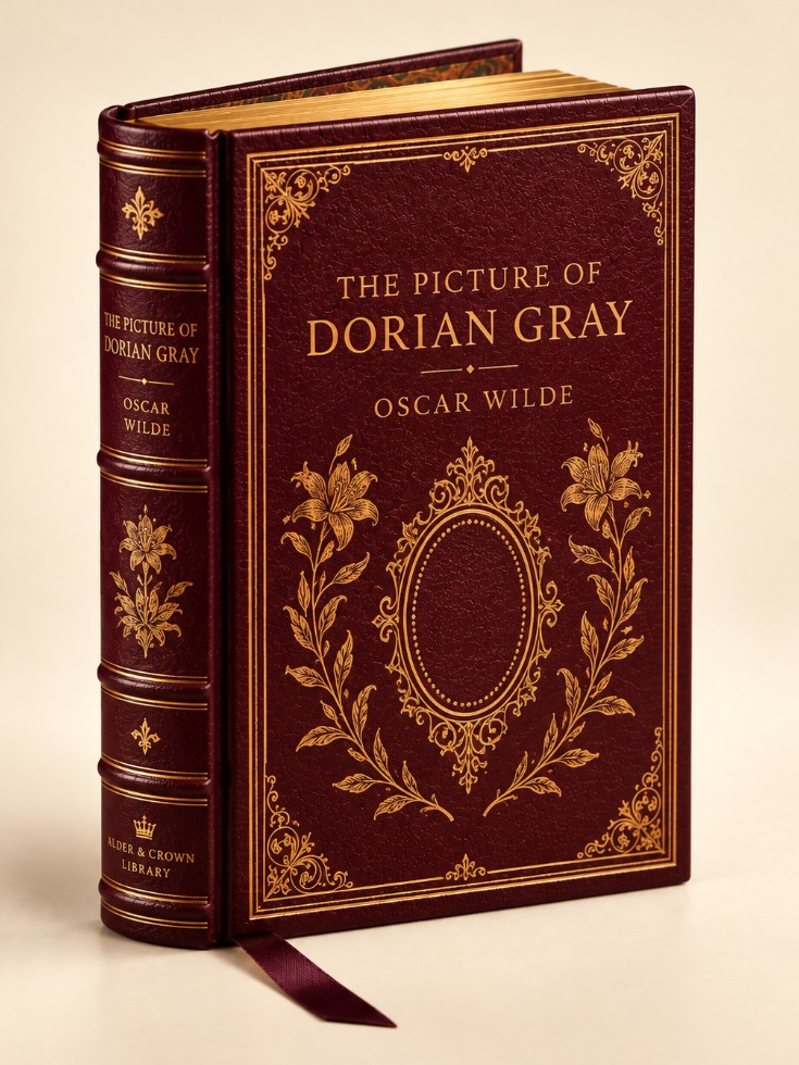 The Picture of Dorian Gray by Oscar Wilde: oxblood binding with gold lilies around an ornate empty oval frame