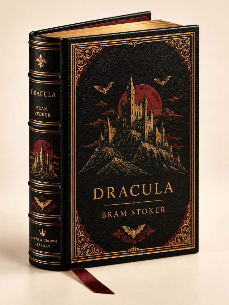 Dracula by Bram Stoker: black binding with a gold gothic castle, bats and a blood-red moon