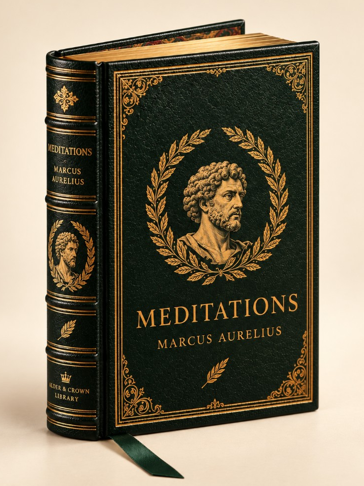 Meditations by Marcus Aurelius: deep green binding with a gold laurel wreath and classical portrait