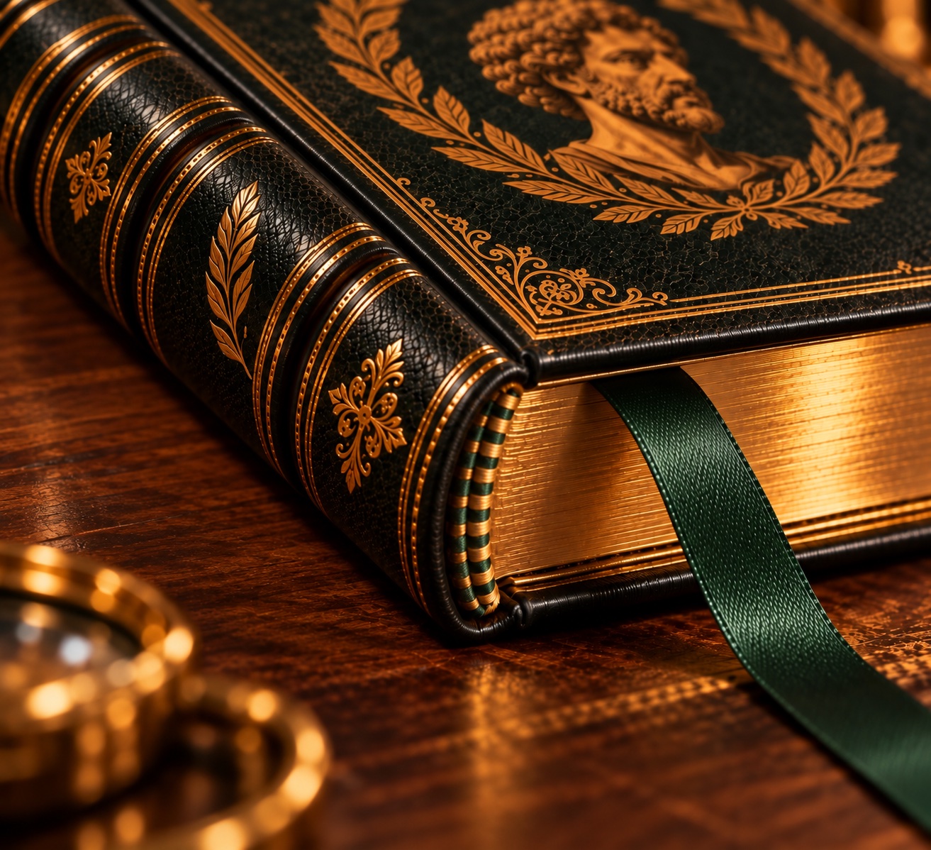 Close-up of a green volume showing raised spine bands, gold tooling, gilded page edges and a green ribbon marker