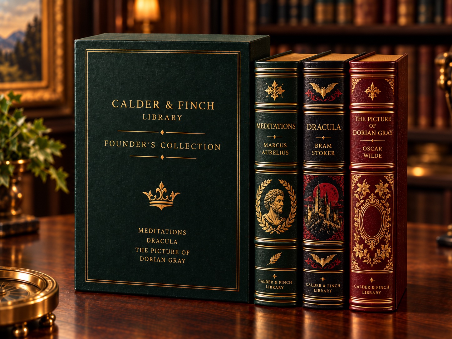The Calder & Finch Founder's Collection: a green presentation box with a gold crest beside Meditations, Dracula and The Picture of Dorian Gray