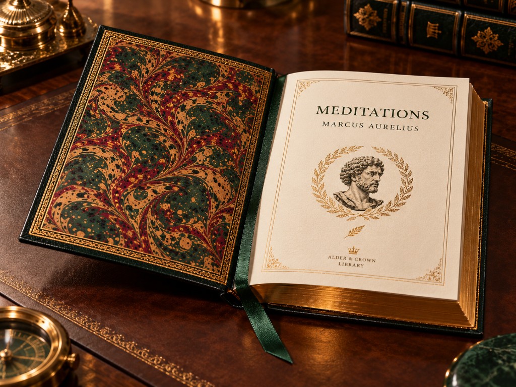 Meditations lying open on a leather desk, showing marbled endpapers, a cream title page, gilded page edges and a green ribbon marker