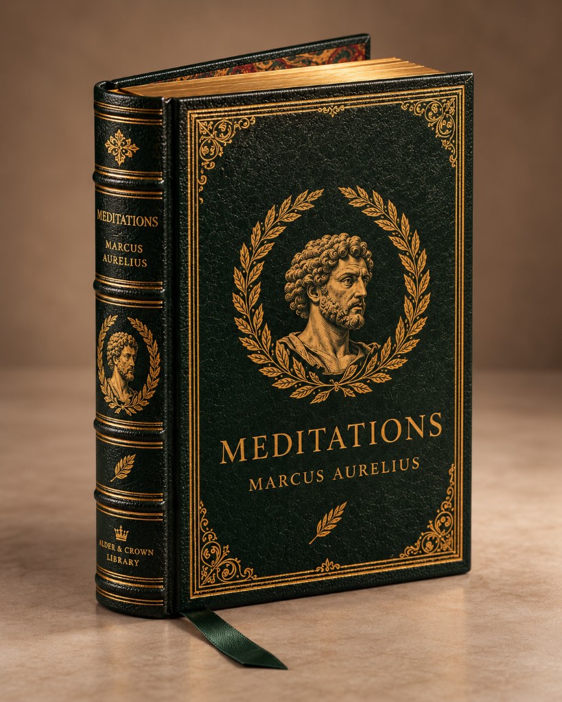 Meditations by Marcus Aurelius in a deep green binding with a gold laurel portrait and gilded page edges