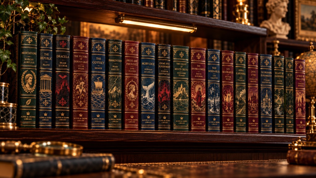 A long shelf of Calder & Finch volumes in green, navy, black and oxblood bindings with gold tooling